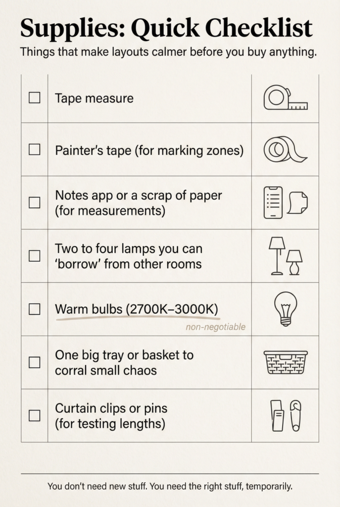 Supplies checklist for large living room decorating ideas: tape measure, painter’s tape, warm bulbs (2700K–3000K), borrowed lamps, and curtain clips.