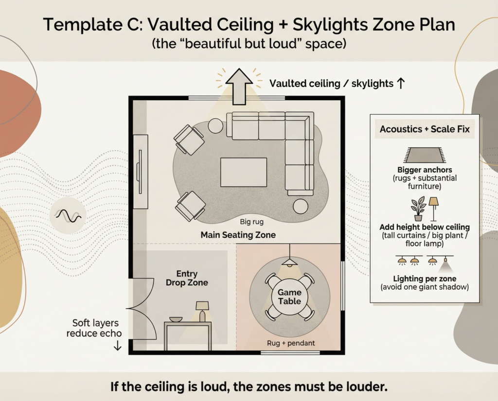 Living room layout ideas for vaulted ceilings and skylights, showing a main seating zone on a big rug, entry drop zone, and game table with lighting per zone