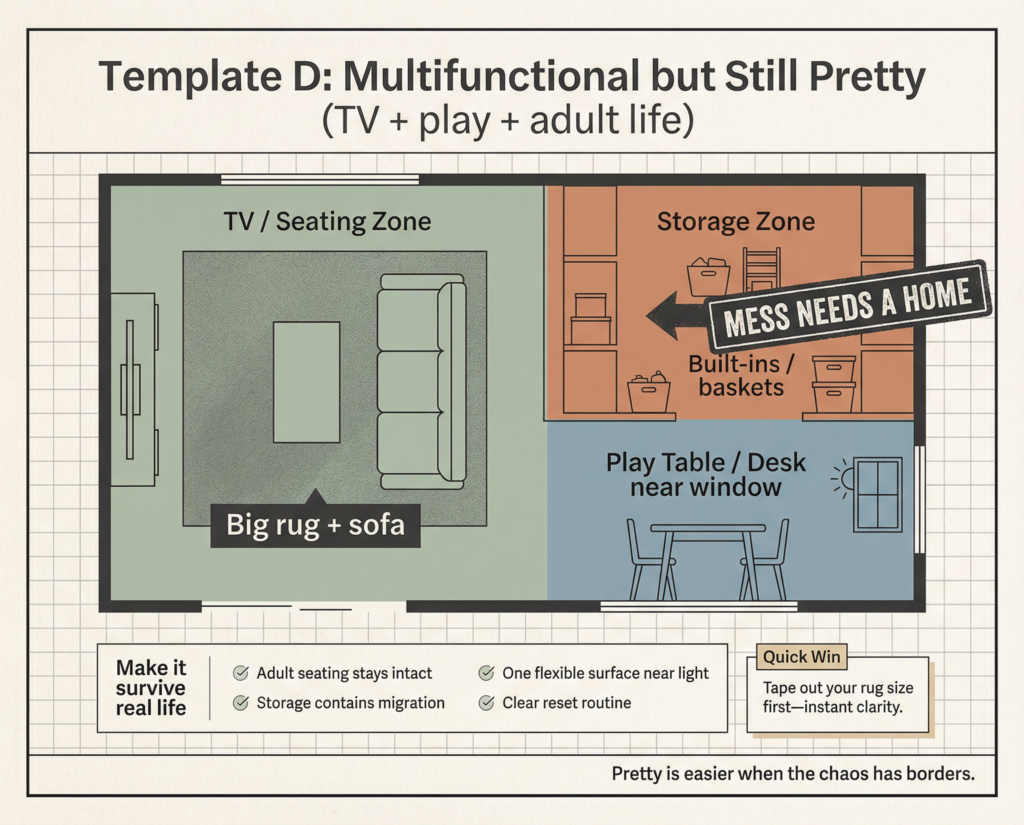 Multifunctional living space layout with TV seating zone, built-in storage solutions, and a play table by the window anchored by a big area rug