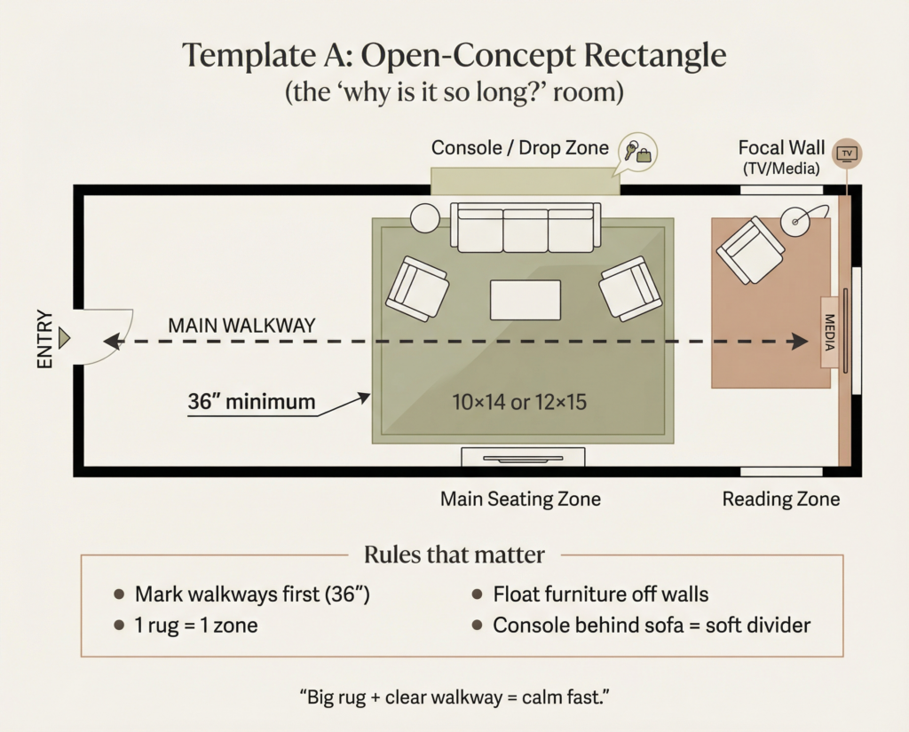 Open-concept living room layout ideas for a long rectangle, with a 36-inch main walkway, big area rug seating zone, console drop zone, and reading corner