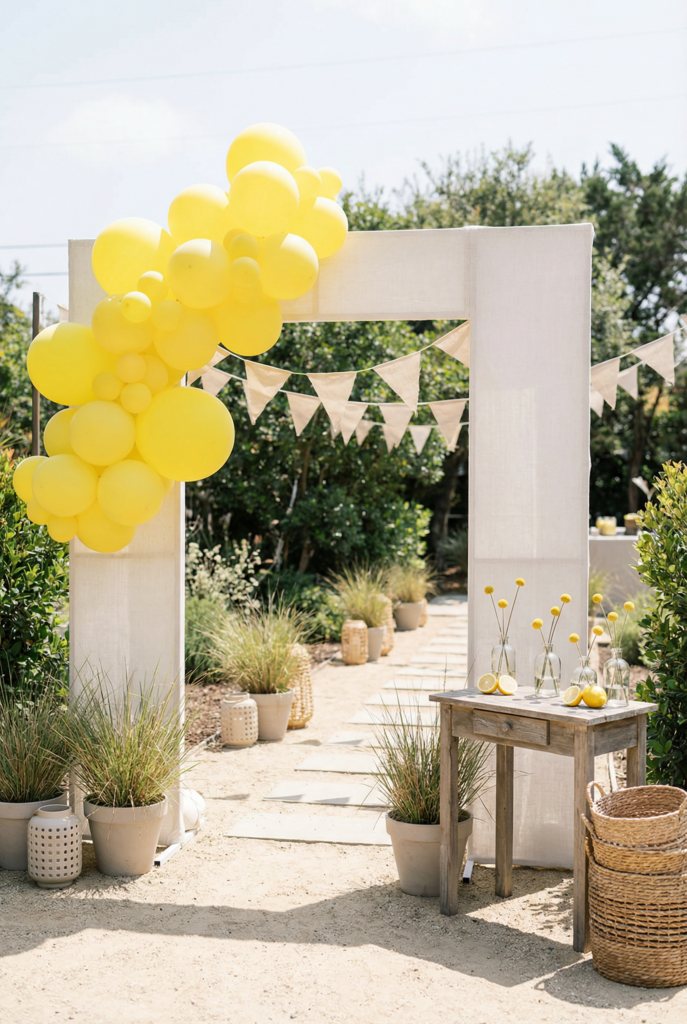 Minimal garden party photo backdrop with white arch panels, lemon-yellow balloon garland, neutral bunting, and a small styling table along a sandy path.