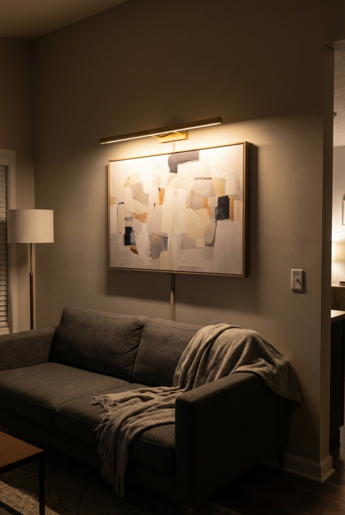Picture light mounted over large wall art above a sofa, creating a warm lighting fixtures moment on a long wall
