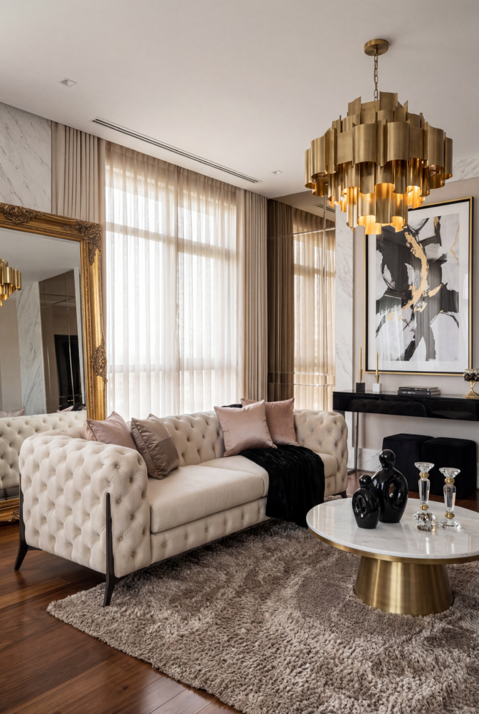 Luxury glam living room decor with tufted sofa, brass chandelier, marble surfaces, and layered textures.