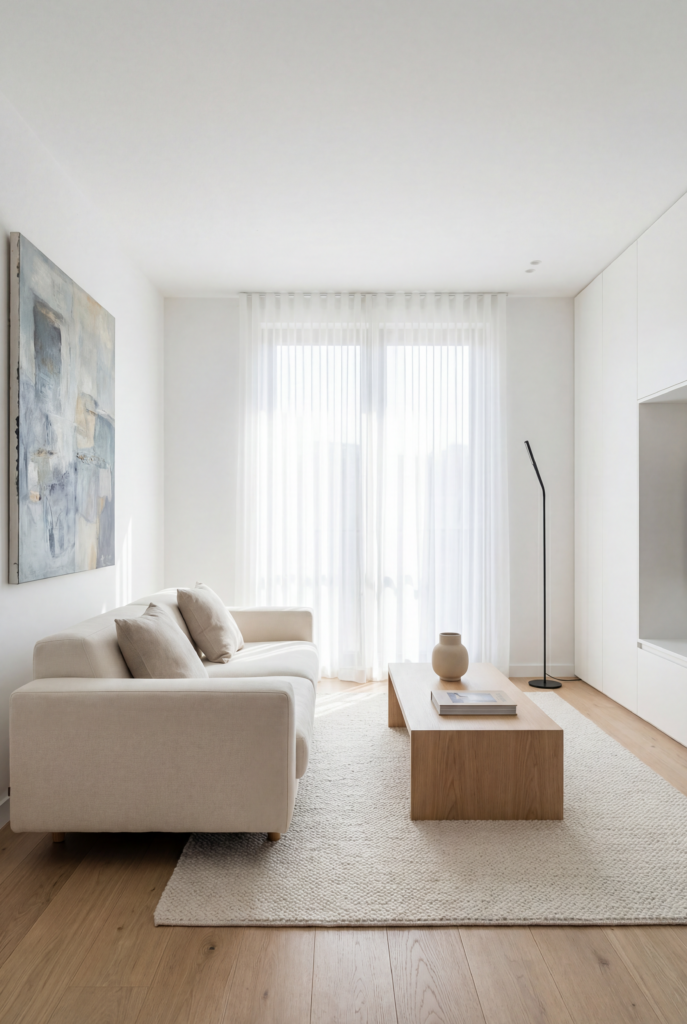 Minimalist living room decor theme with a neutral sofa, light wood coffee table, soft white walls, and natural light.