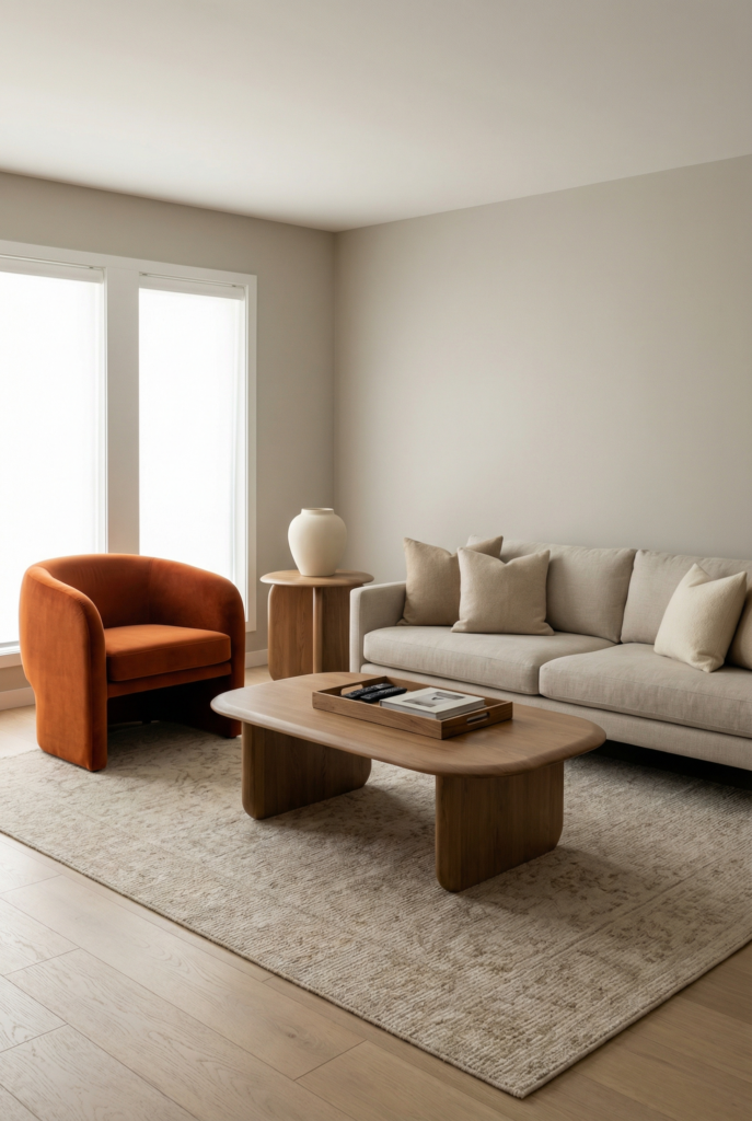 Minimalist living room styling with a single bold accent chair and warm wood coffee table for an inviting living room.