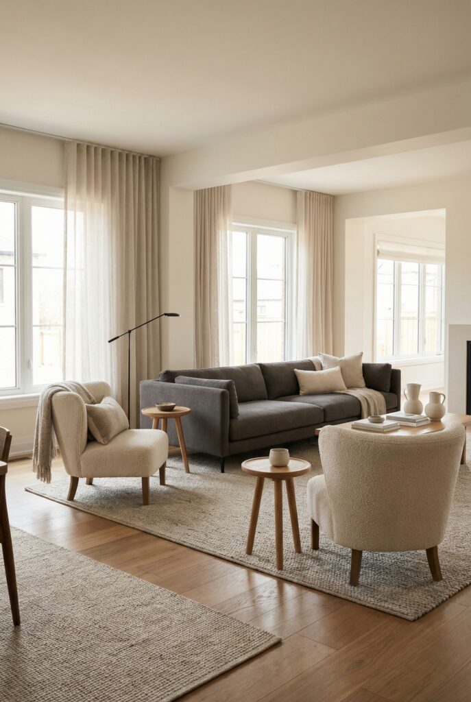 Modern living room decor with bouclé accent chairs and warm neutral palette for a cozy living room seating arrangement.