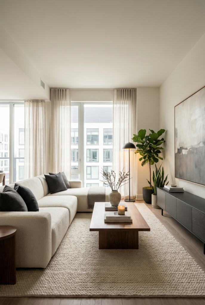 Modern living room decor theme with clean lines, neutral color palette, low-profile sofa, and simple wood furniture.