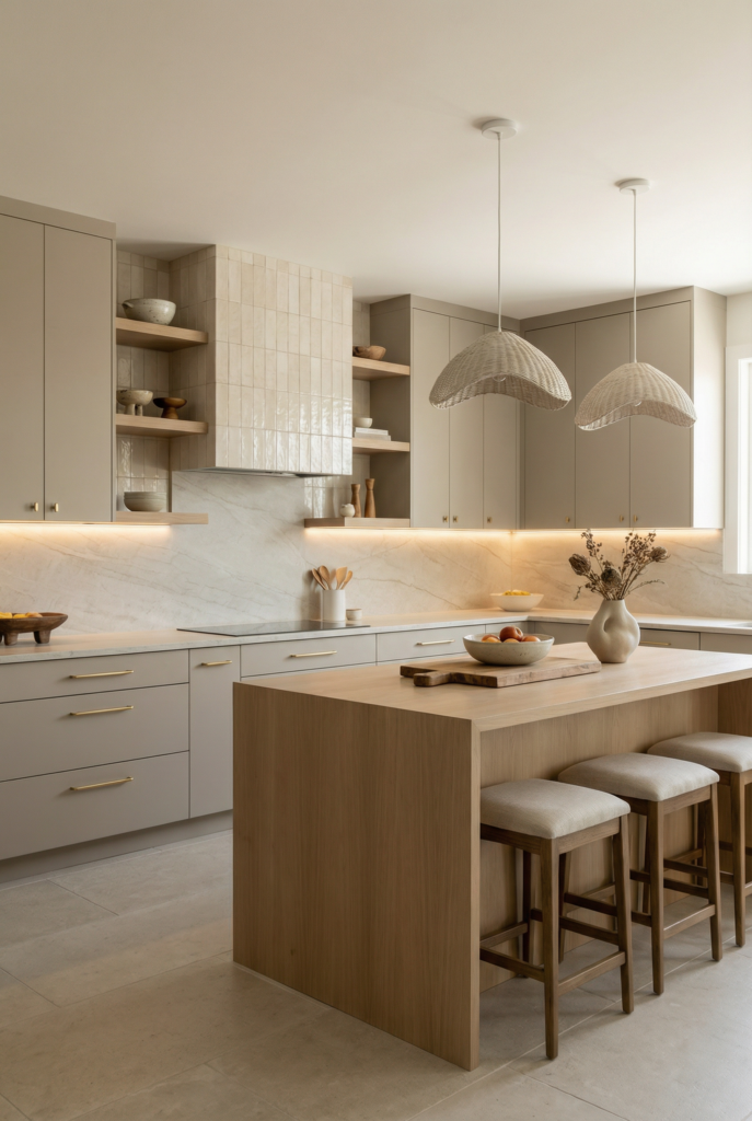 Modern organic kitchen decor with warm wood tones, textured backsplash, neutral color palette, and soft modern lighting.