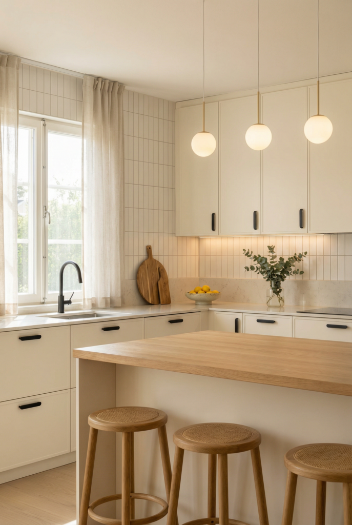 Modern Scandinavian kitchen decor with light wood, warm white cabinets, simple hardware, and minimalist styling.