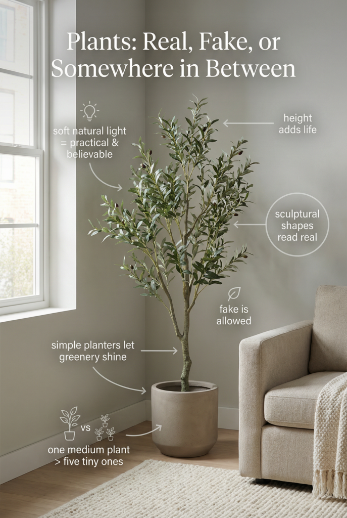 Indoor plants in an apartment featuring a faux olive tree in a simple planter, adding height, texture, and natural style to a small living space.