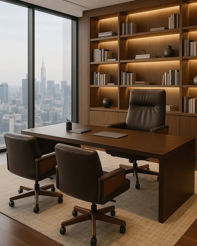 Professional office decor in a corporate office with a slatted ceiling, symmetrical storage shelving, an abstract wall art focal point, and layered lighting for a polished workspace aesthetic.