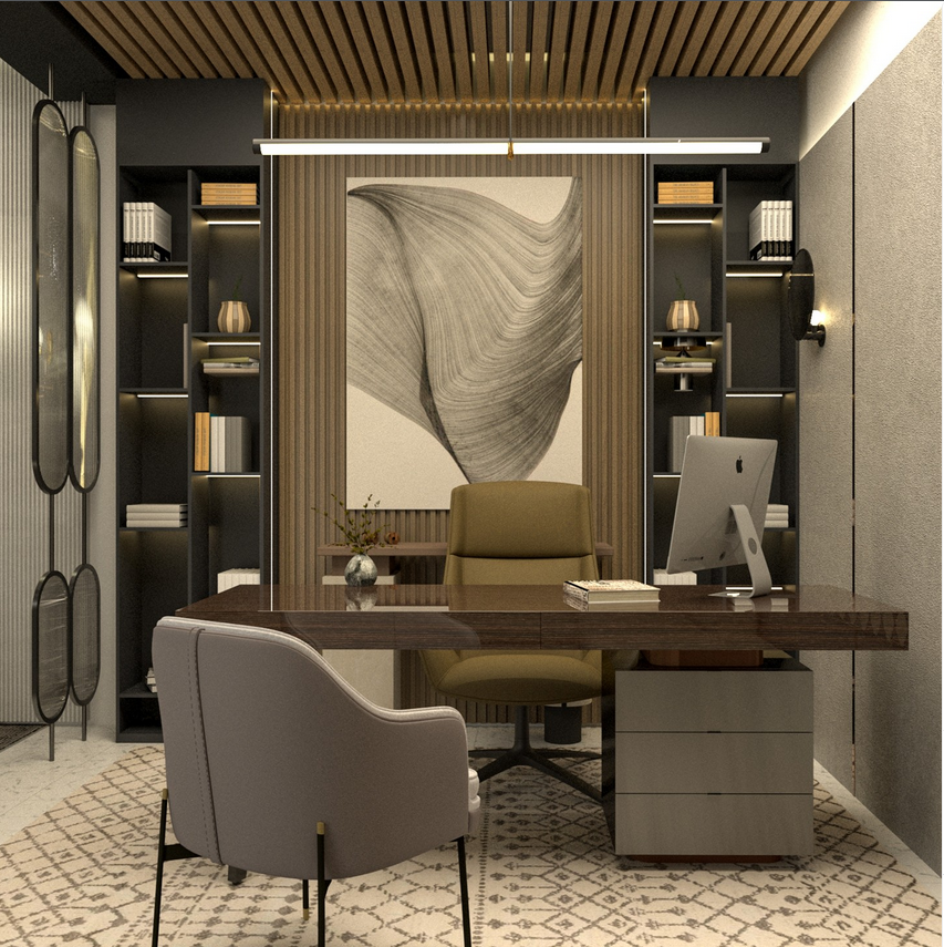 Professional office decor in an executive office with a wood desk, backlit built-in shelves, leather chairs, and floor-to-ceiling windows for natural light and a city view.