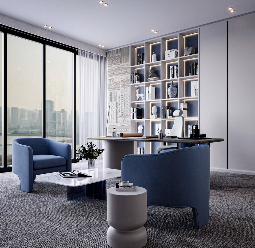 Professional office decor with a Japandi-inspired workspace: warm wood desk, sculptural wall niches, soft drapery, and layered lighting that keeps the office ambiance calm and focused