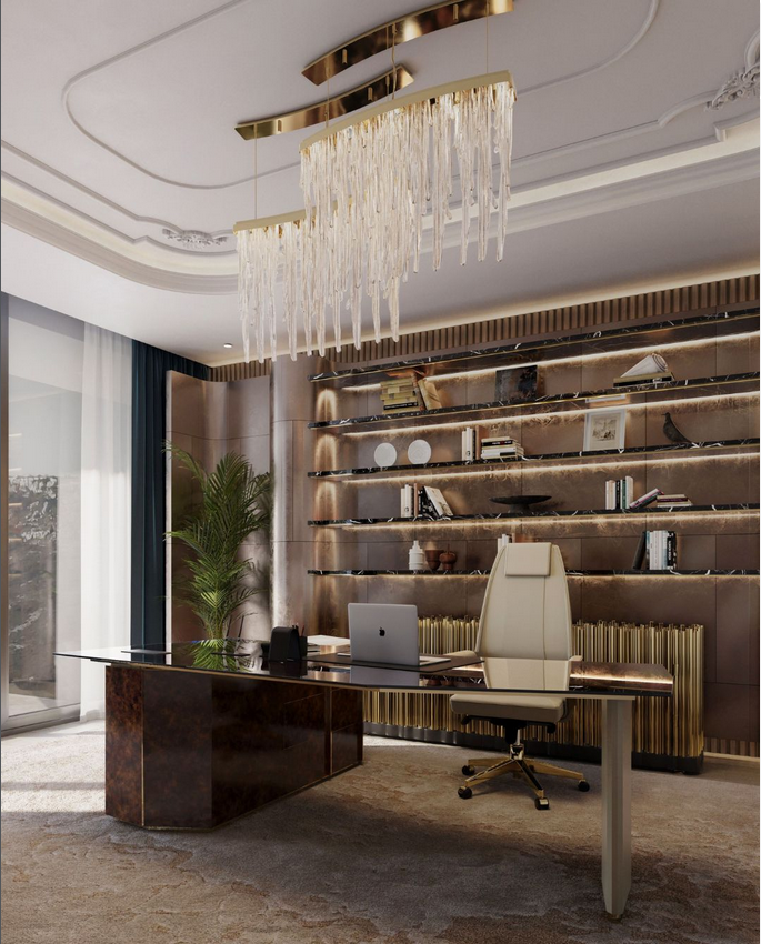 Professional office decor in a modern office with black desk, natural light, open shelving, indoor plant, and simple workspace aesthetics focused on productivity