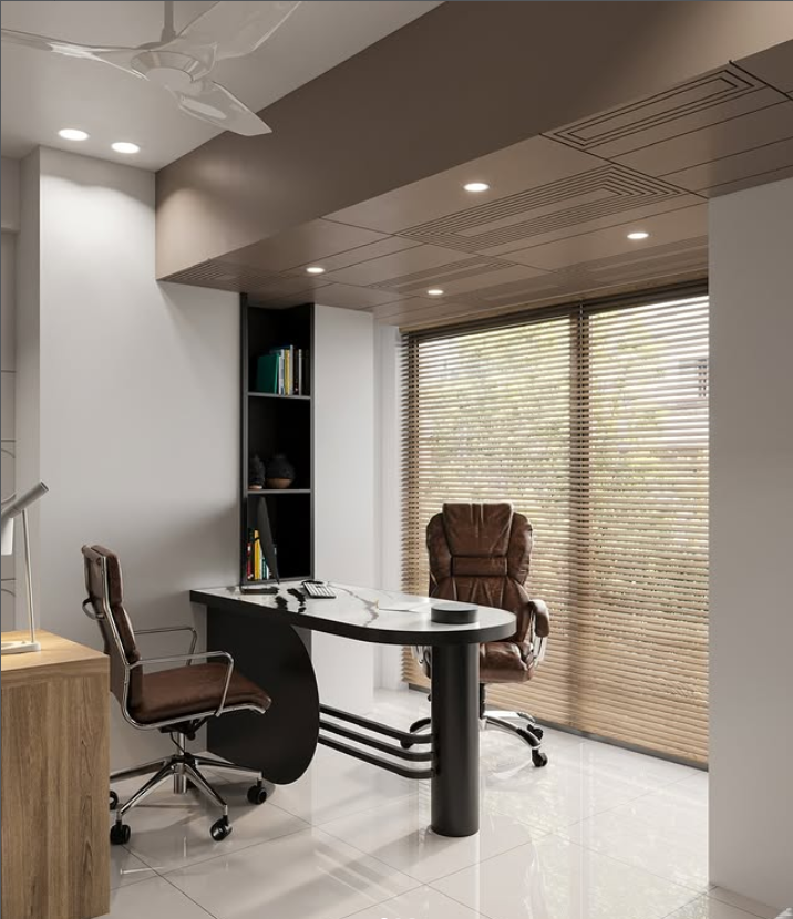 Professional office decor in a modern minimalist office with a curved desk, ergonomic office furniture, recessed lighting, and window blinds that soften glare for workspace productivity.