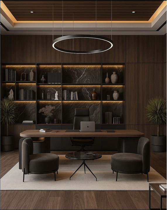 Professional office decor in a neutral-toned modern workspace with soft lighting, structured shelving, ergonomic chairs, and skyline view windows for natural light.