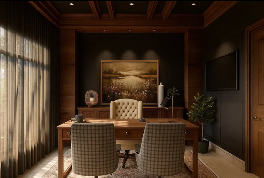 Professional office decor in a warm classic office with wood-paneled walls, tufted leather chair, plaid guest seating, natural light, and a landscape art feature.