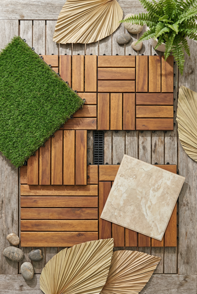Small balcony flooring and rug layer that makes a tight space feel like a cozy outdoor room with grounded furniture placement.