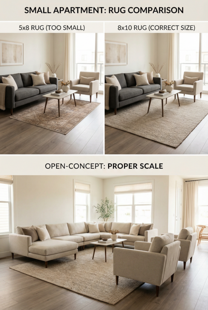 Rug size comparison for modern living room decor ideas showing 5x8 vs 8x10 in a small living space and proper scale for open concept.