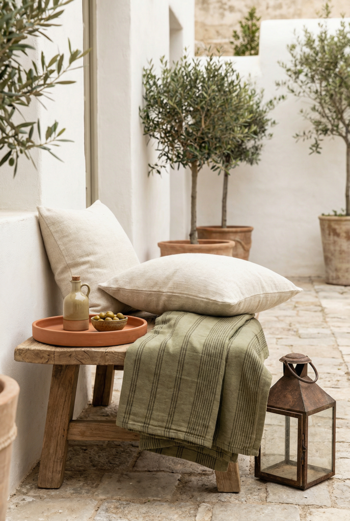 Small balcony accessories that make the biggest impact—cushions, throw blanket, tray styling, small side table, and a lantern for cozy texture.