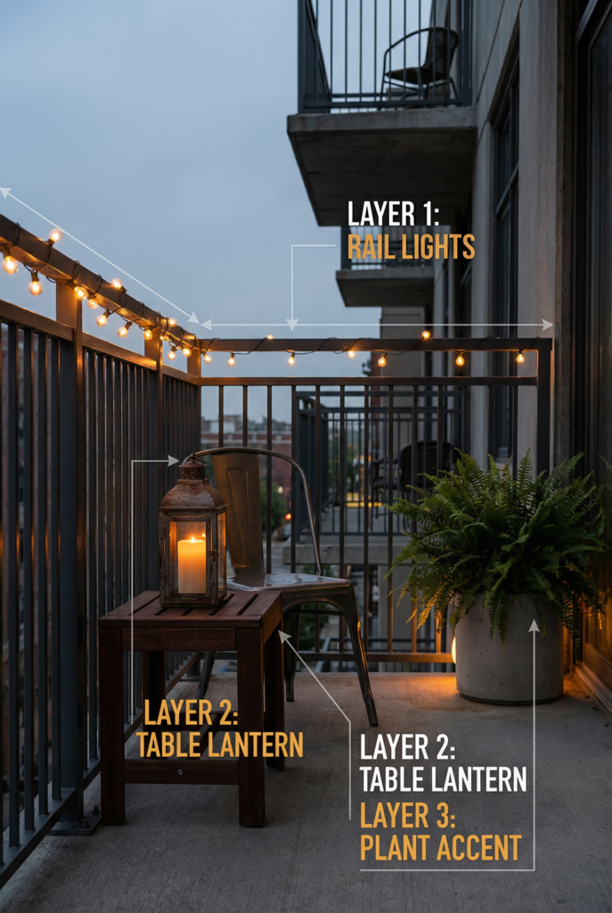 Glow rule for small balcony lighting—rail string lights, table lantern, and plant accent glow to create a cozy outdoor room.