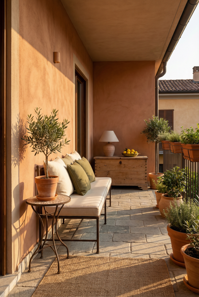 Long narrow balcony lounge strip layout with slim bench, tiny side table, and open walkway for a comfortable small balcony setup.