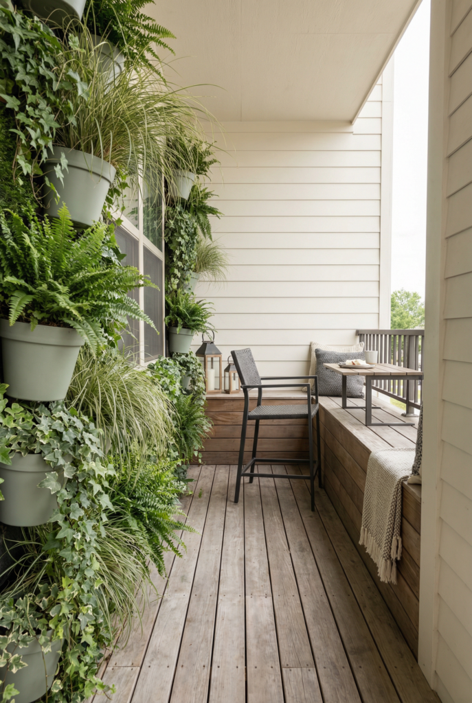 Small balcony green wall layout with vertical plants and one perch seat, creating privacy and greenery without using floor space.
