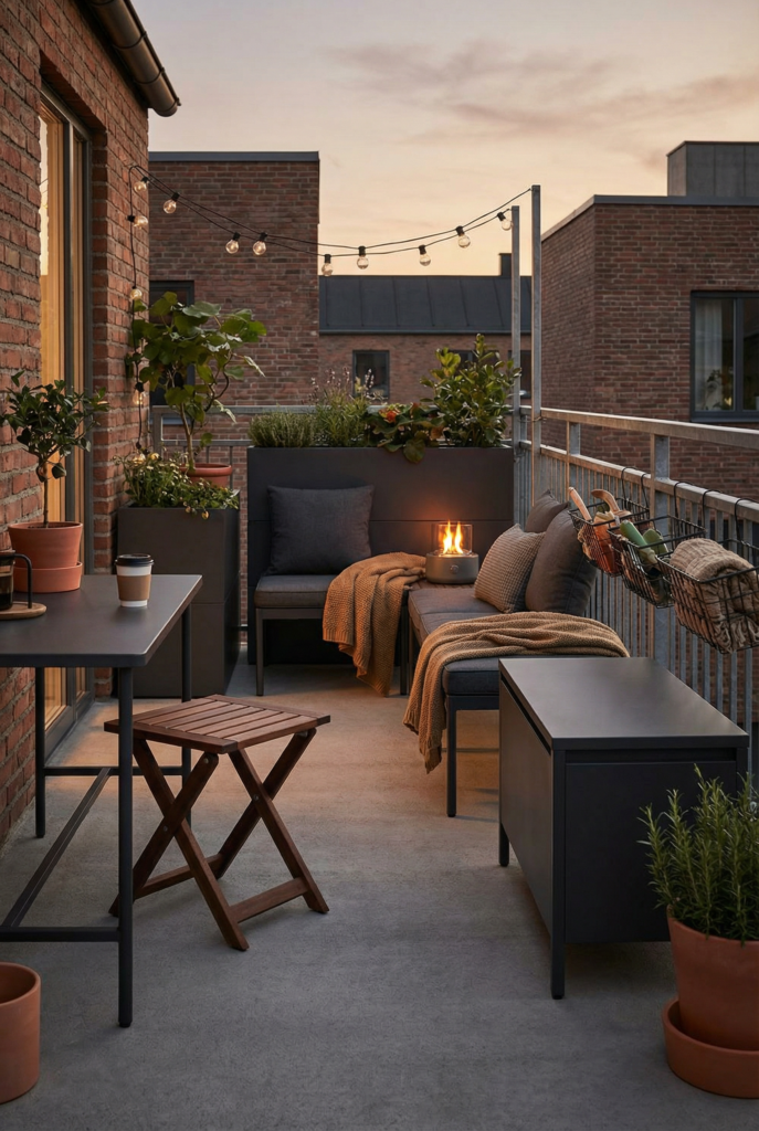 Small balcony product ideas grouped by use—rail table and folding stool, slim bench for lounging, and compact storage like deck boxes and rail baskets.