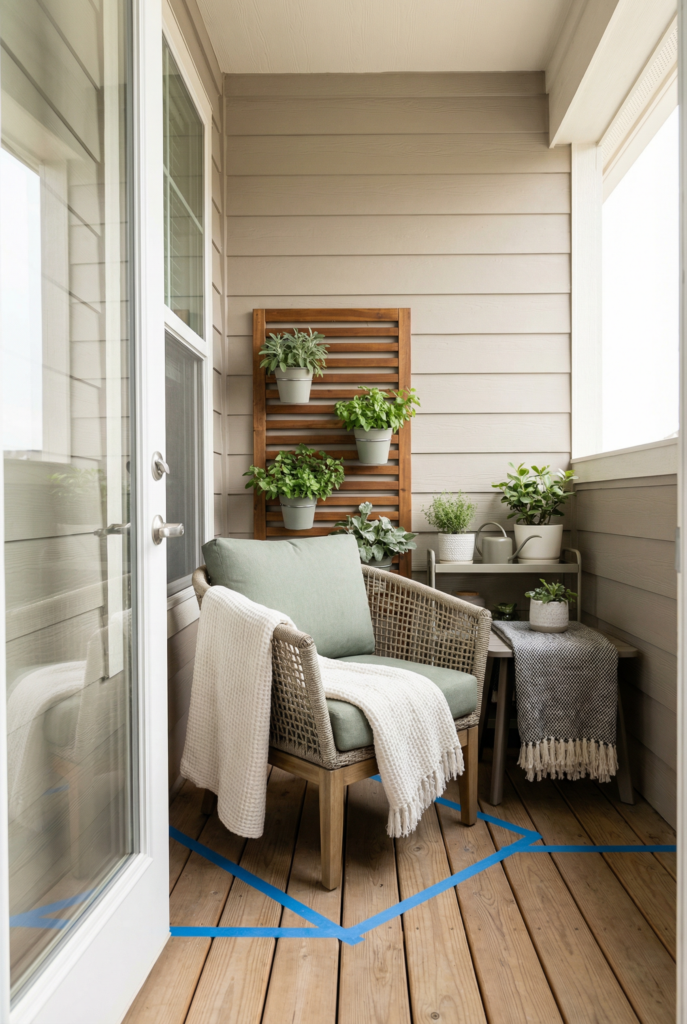 Small balcony rules in action—clear door swing path, one hero furniture piece, vertical plants, secured textiles, and simple lighting.