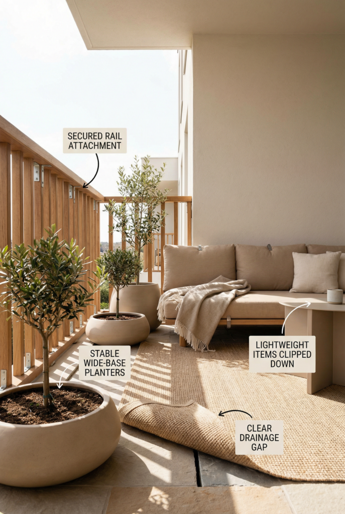 Small balcony safety tips—secure railing attachments, stable planters, clear drainage under rugs, and clipped textiles for wind protection.