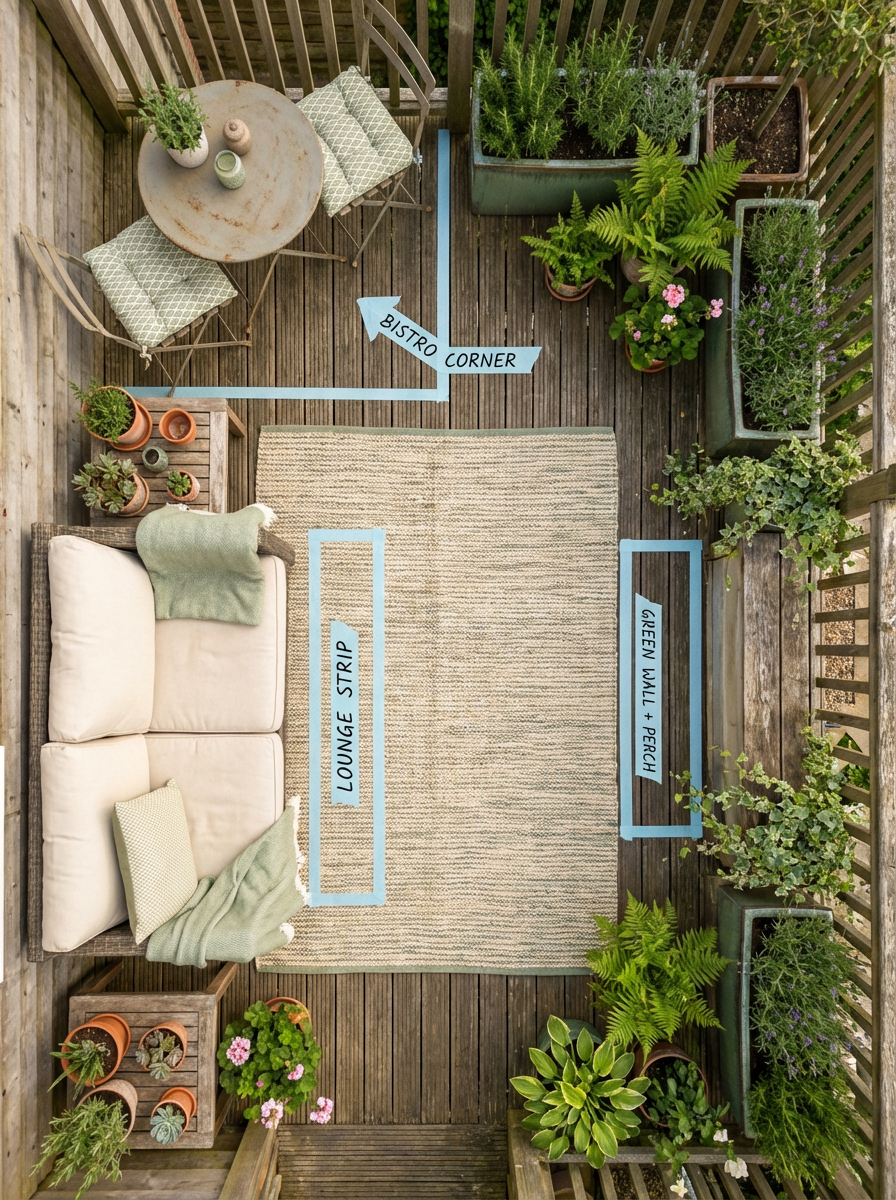 Space-saving small balcony layouts with taped furniture footprints showing bistro corner, lounge strip, and green wall plus perch options.