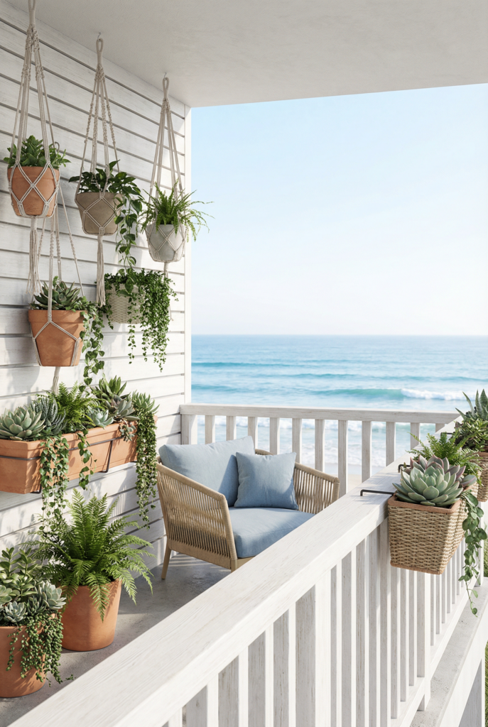 Vertical plants on a small balcony using rail planters and hanging pots to add greenery without taking up floor space.