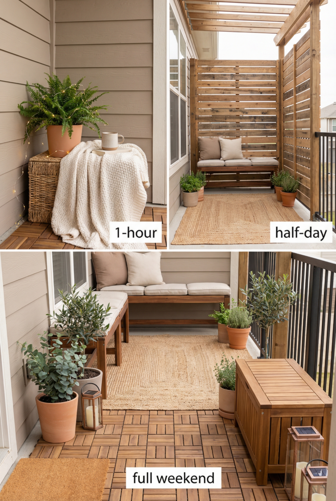 Small balcony weekend plan—1-hour quick win, half-day upgrade, and full weekend makeover steps shown as simple progress stages.