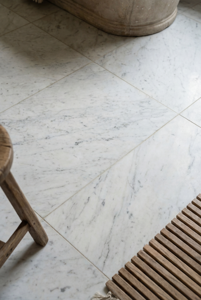 Natural stone tiles including marble and limestone used in luxury bathroom renovation