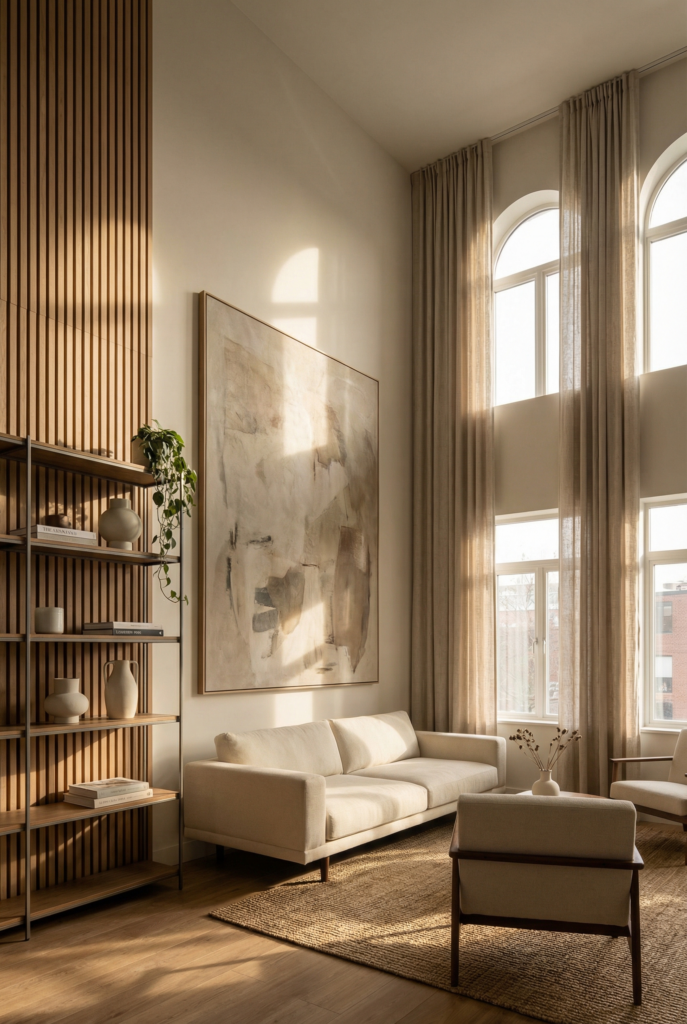 Tall wall decor in a modern living room with oversized art and floor-to-ceiling curtains for bright living room inspiration.