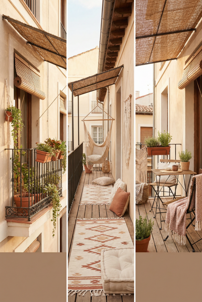 Small balcony types—Juliet balcony plant perch, narrow walkway balcony lounge strip, and square balcony bistro corner for tight spaces.