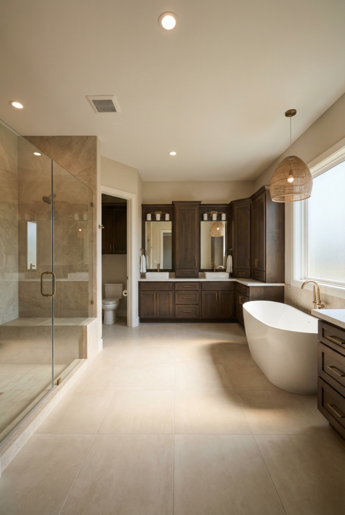 U-shaped master bathroom layout with double vanity, walk-in shower, freestanding tub, and warm wood cabinetry creating a luxury master bath feel.