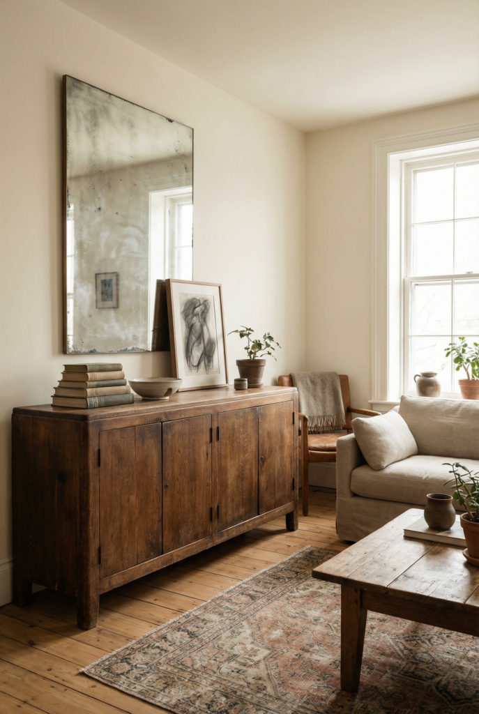 Vintage furniture sideboard with patina and an aged mirror, sustainability vintage style for authentic interiors and timeless aesthetics.