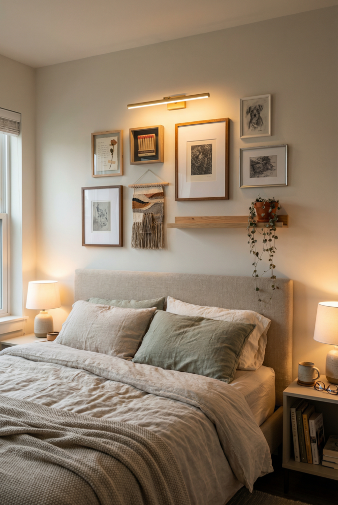 Cozy bedroom wall art above headboard, mixed frames with a small shelf and trailing plant, warm neutral bedding.