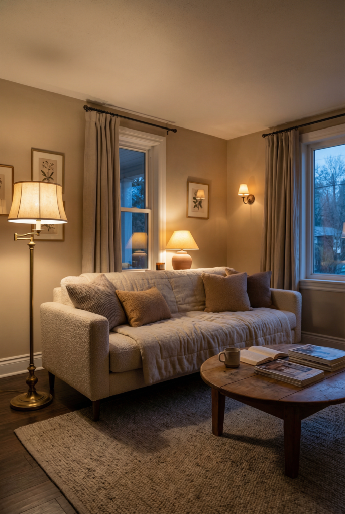 Warm, cozy lighting layered with lamps and textured fabrics, bringing real warmth comfort and emotional design into the living room.