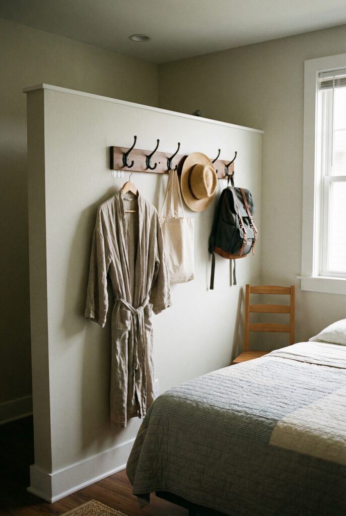 Short wall hook rail holding robe, tote and backpack beside the bed, practical small bedroom organization and storage.