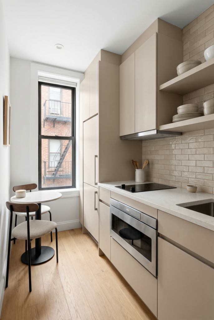 Warm wood U shape kitchen with open shelving and floor to ceiling tile, pulling together small kitchen design ideas for a light bright space.