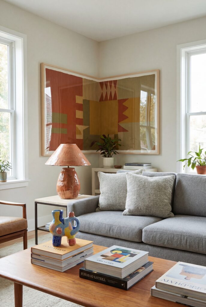 Modern gray sofa with oversized textile art, unique lighting and stylish home accents mixed with vintage decorative objects.