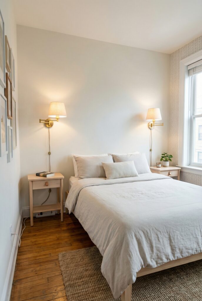 Cozy small bedroom with plug in wall sconces, light wood nightstands and neutral bedding, a warm small bedroom lighting idea.