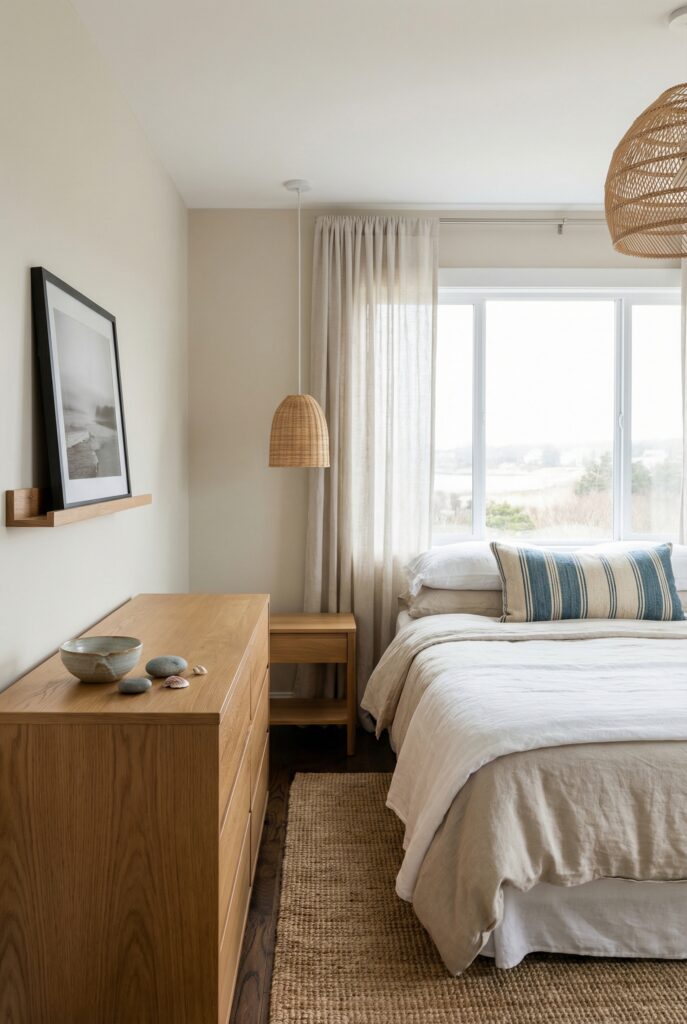 Small coastal bedroom layout featuring warm wood furniture, striped blue lumbar pillow, woven pendant light, and simple beach accents on the dresser.