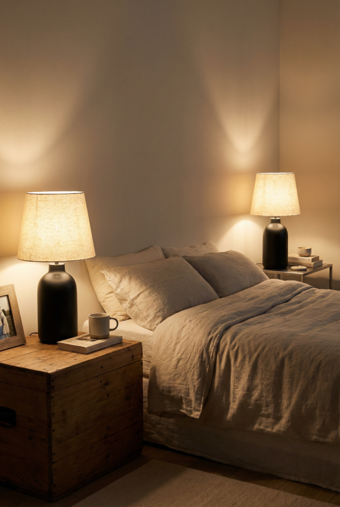Cozy black and white bedroom with warm bedside lamps, abstract artwork and wood nightstands for stylish bedroom decor at night.