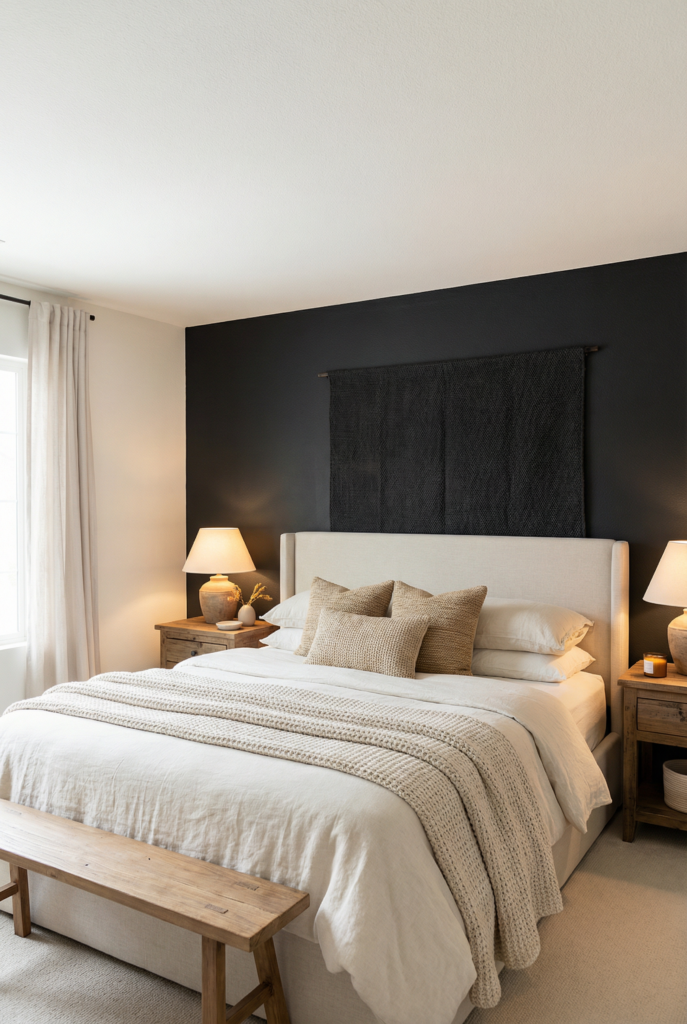 Black accent wall behind bed with light bedding, warm wood nightstands, and soft lighting to keep the bedroom feeling open