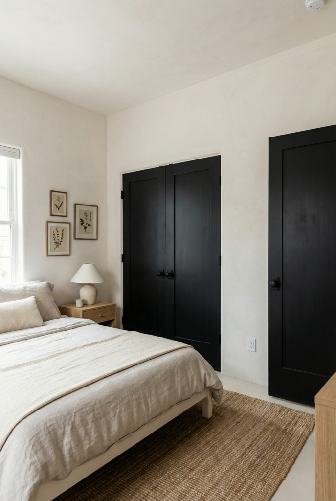 Bedroom wall ideas featuring soft plaster walls, black doors, framed botanicals, neutral bedding and jute rug for classic black and white bedroom decor.