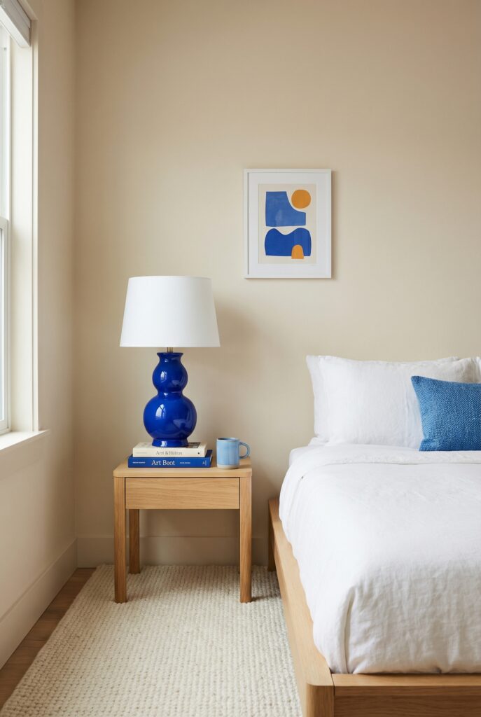 Minimal bedroom with white bedding, bold blue lamp and art print creating a colorful home decor accent.