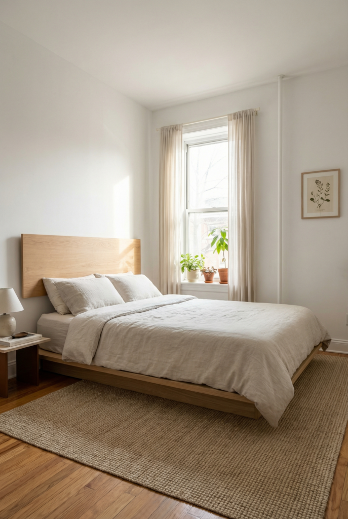 Bright small bedroom with low profile wood headboard, neutral linen bedding and plants by the window, airy small bedroom decor ideas for a calm retreat.